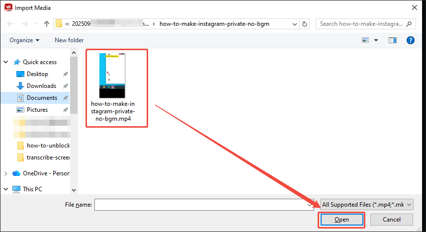 Import the screen recording file in the Import Media Window
