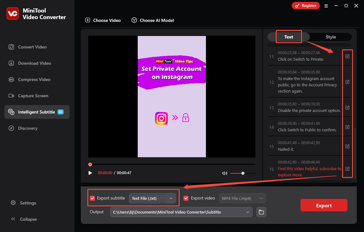 Click on the Edit icons in MiniTool Video Converter to edit the captions and expand the Export subtitle option to set the output text format