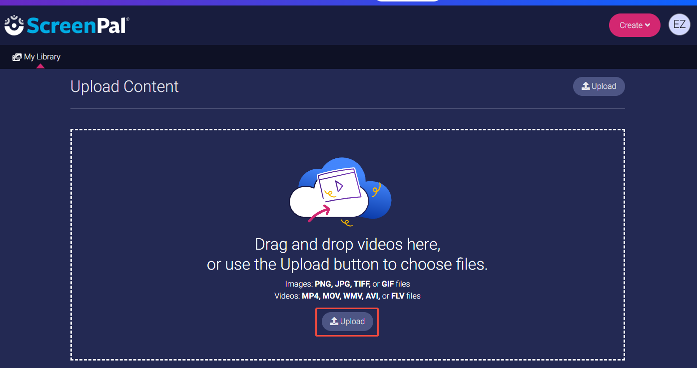 Click on the Upload option in ScreenPal to import the screen recording
