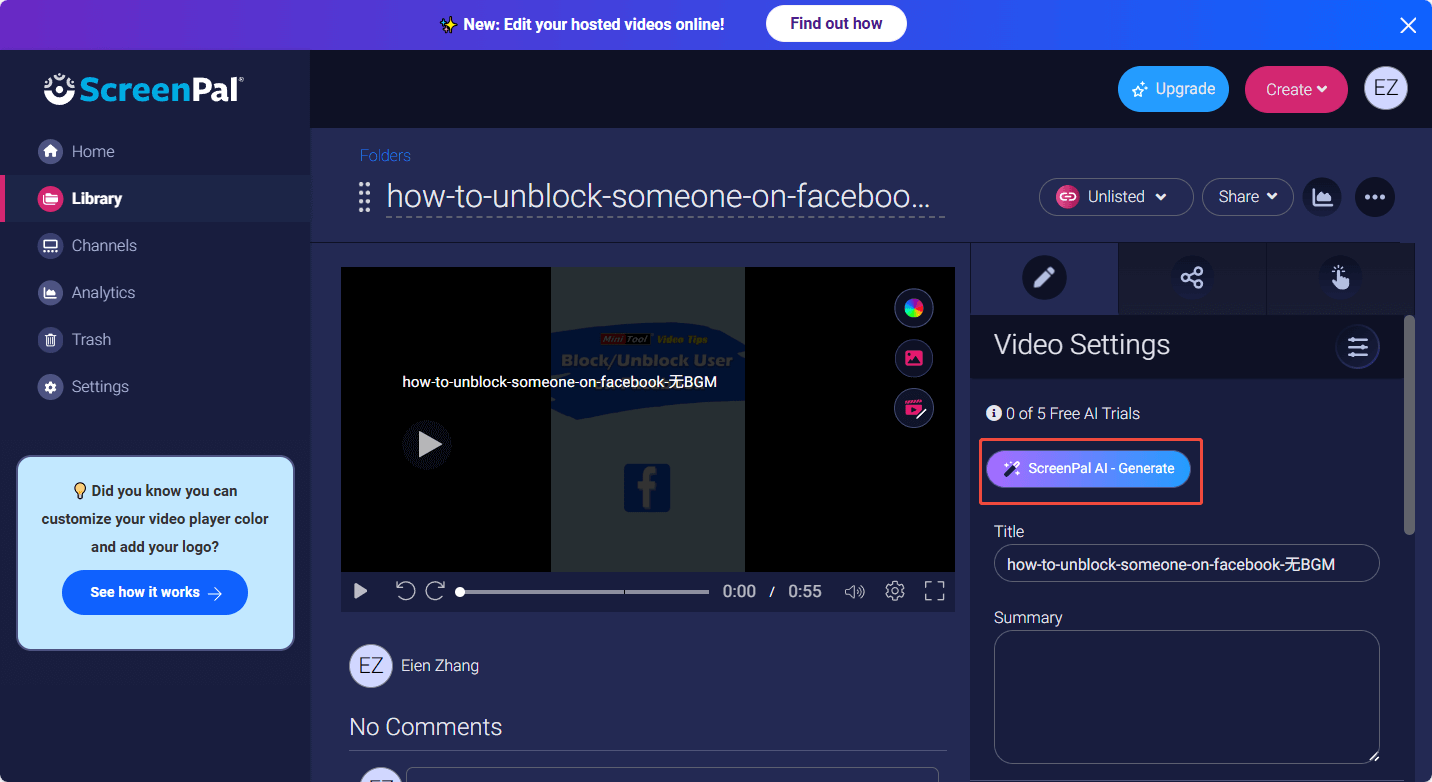 Click on ScreenPal AI-Generate in ScreenPal to begin the transcription process