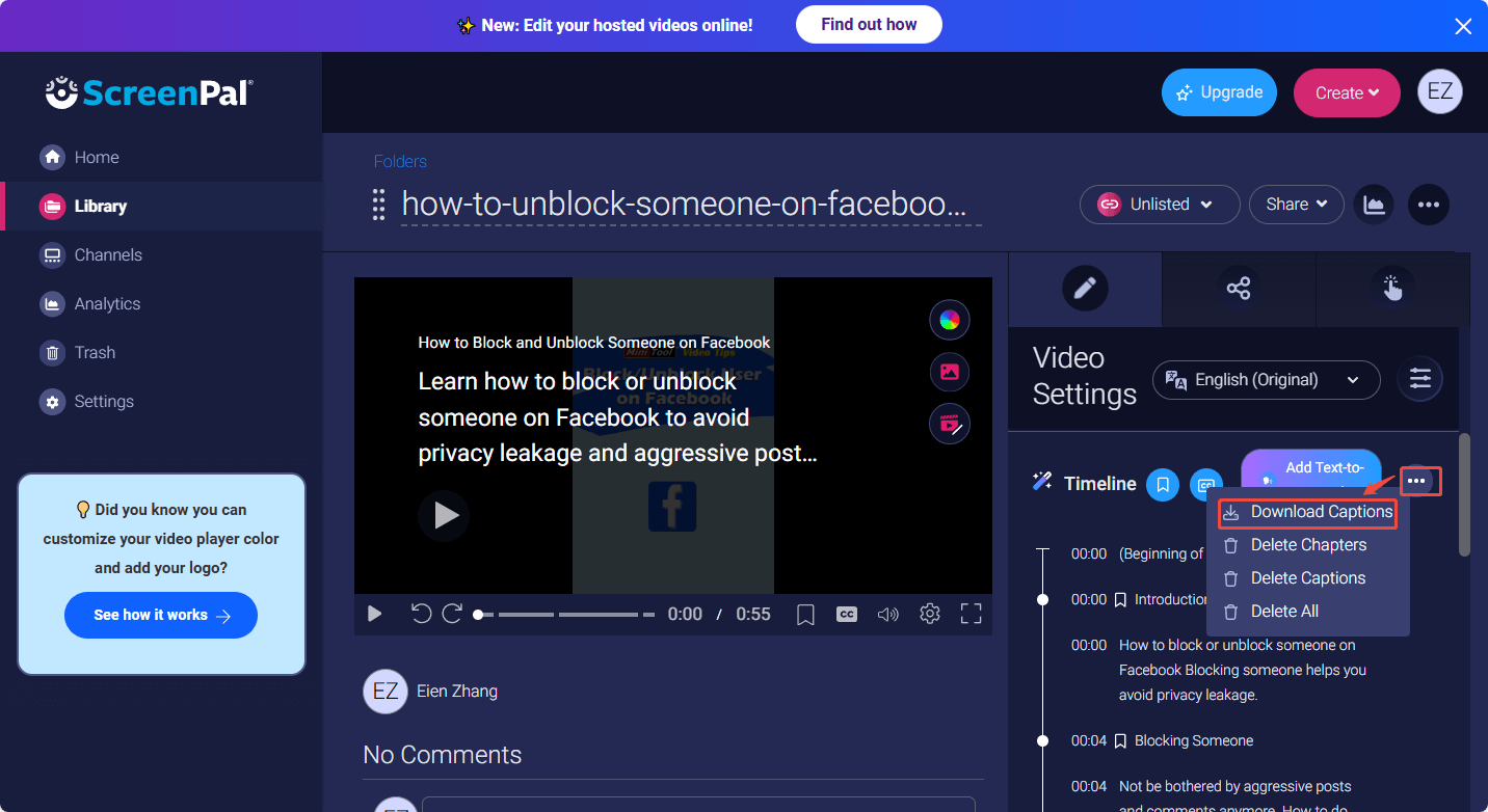 Click on Download Captions in ScreenPal to get output text file