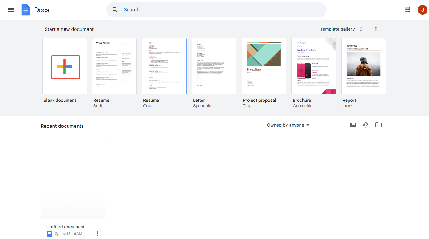 Click on the Blank document option in Google Docs to create a Word document