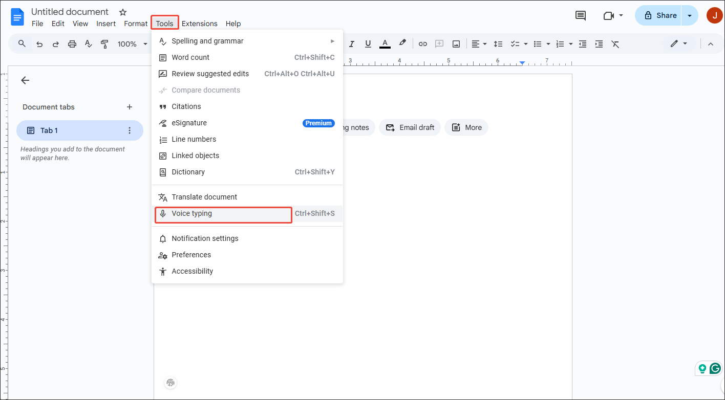 Expand the Tools option and select Voice typing in Google Docs to enable the transcription function