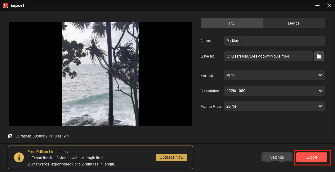 MiniTool MovieMakerで動画を出力する