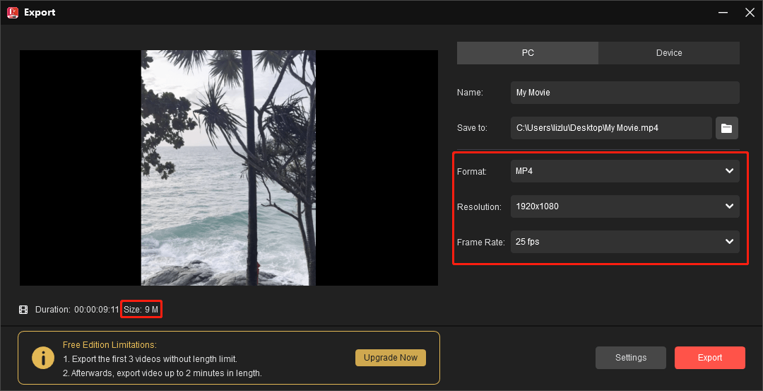 MiniTool MovieMakerで形式、解像度、フレームレートを変更する