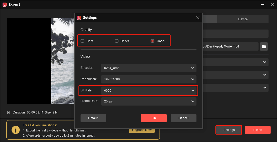 MiniTool MovieMakerでビットレートと画質を変更する