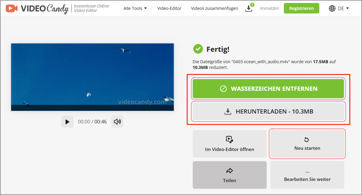 komprimiertes Video lokal speichern oder Wasserzeichen entfernen