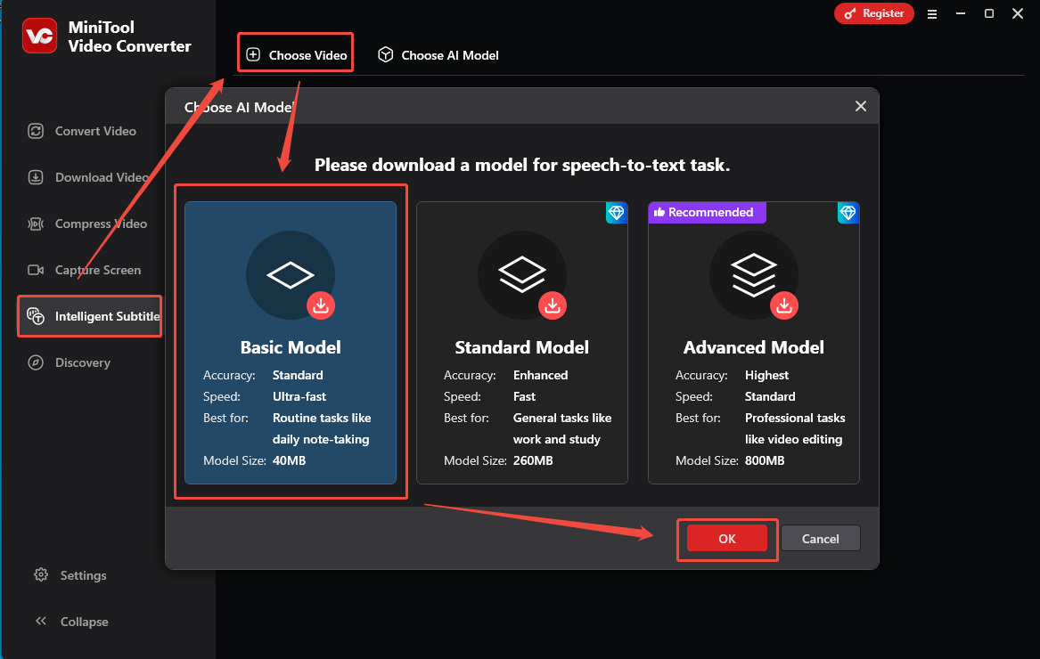Choose the AI mode under the Intelligent Subtitle tab of MiniTool Video Converter and import the WAV file