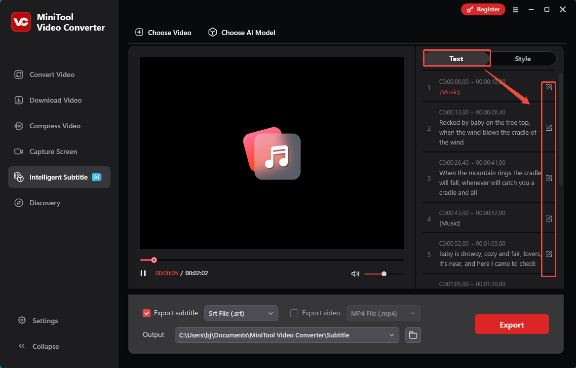 Click on the Edit icon in MiniTool Video Converter to edit the subtitles