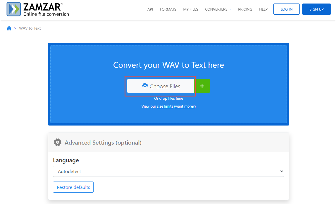 Click on Choose Files in Zamzar to import the WAV file