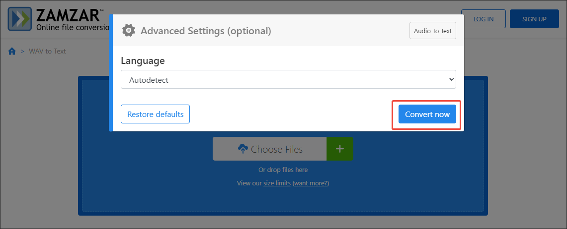 Click on Convert now in Zamzar to begin the conversion process