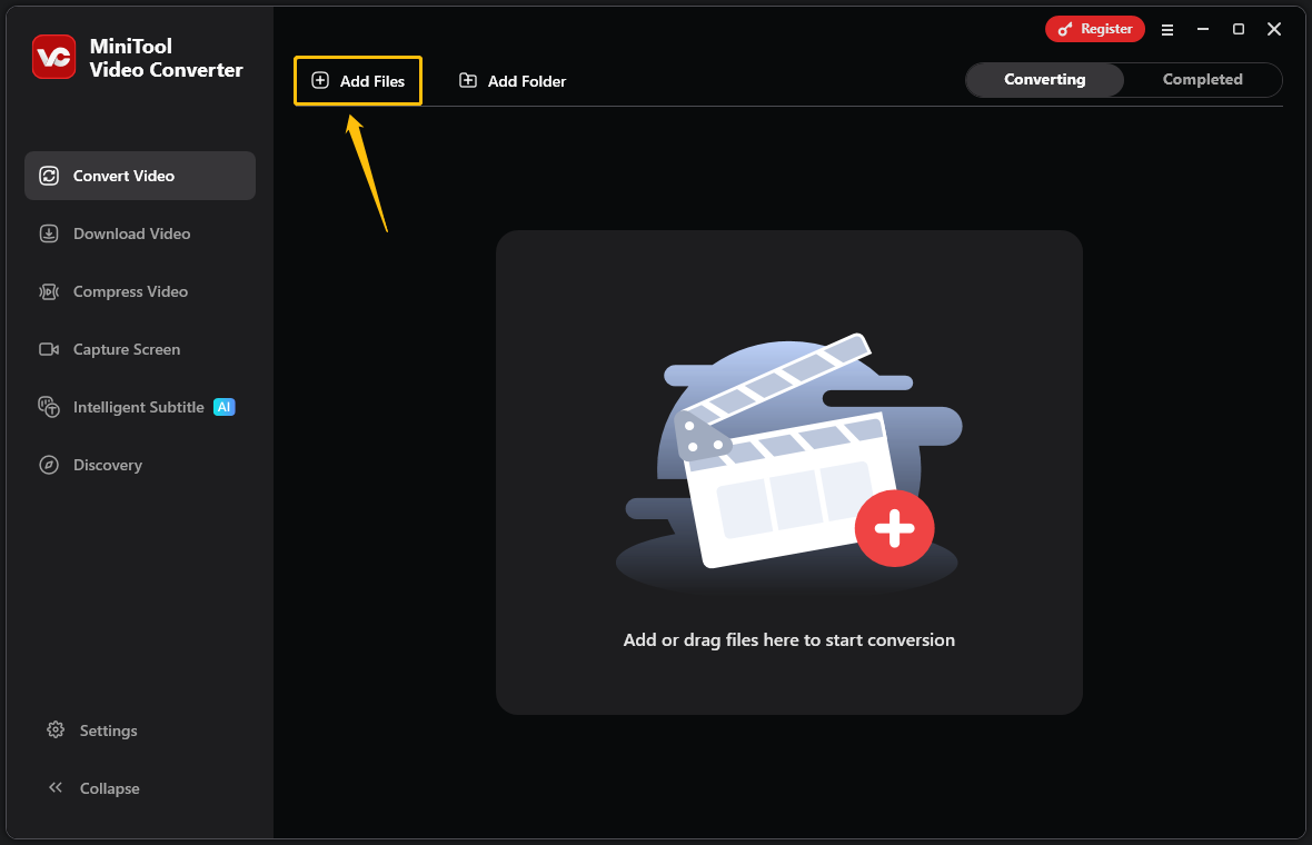 MiniTool Video Converter interface with the Add Files option highlighted