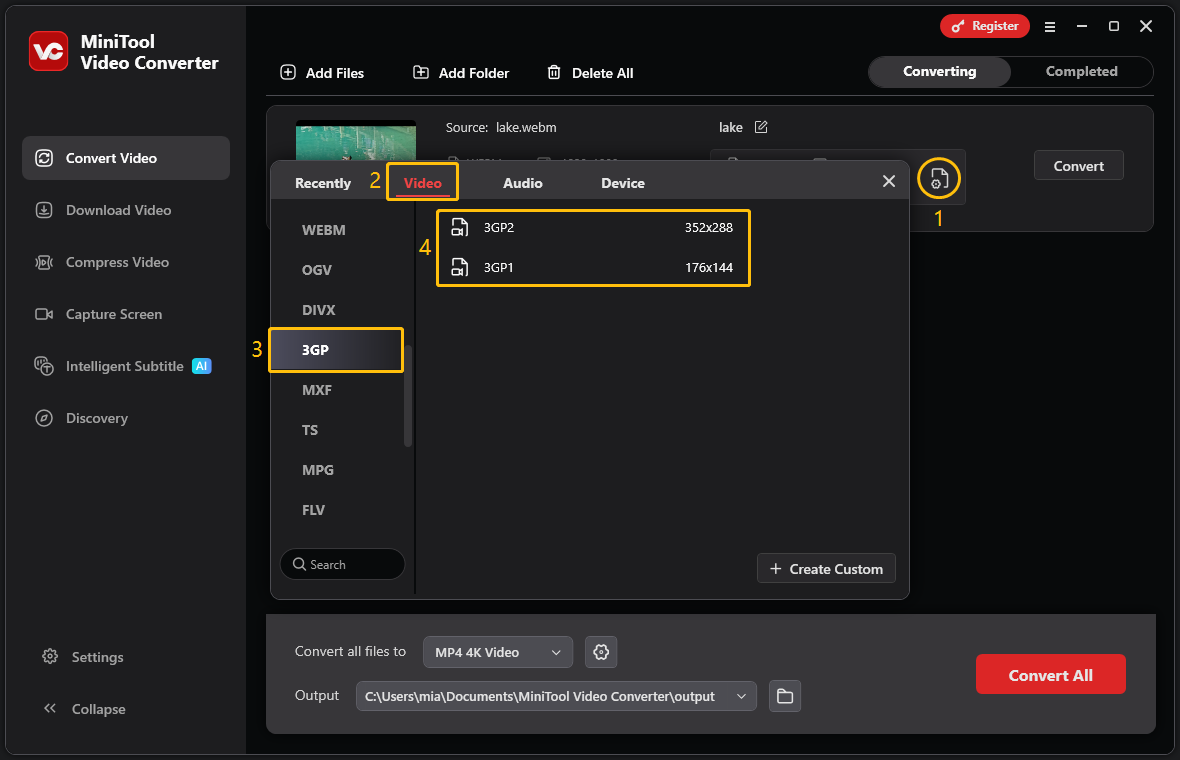 MiniTool Video Converter interface showing how to set the output format