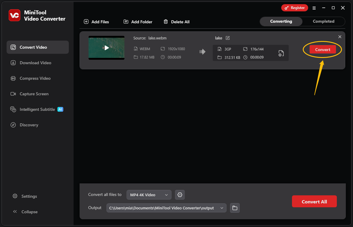 MiniTool Video Converter interface with the Convert button circled