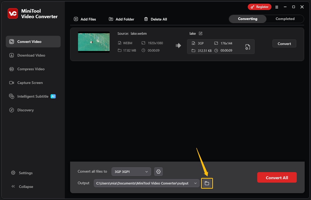 MiniTool Video Converter interface with the folder icon highlighted