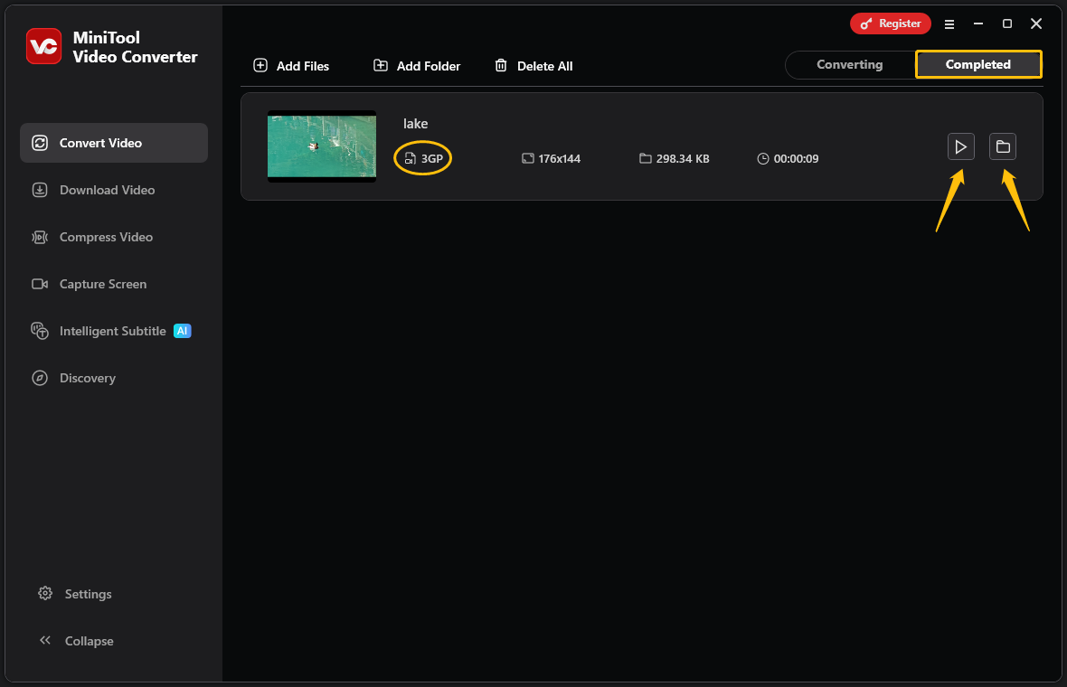 MiniTool Video Converter interface showing how to play and locate the converted file