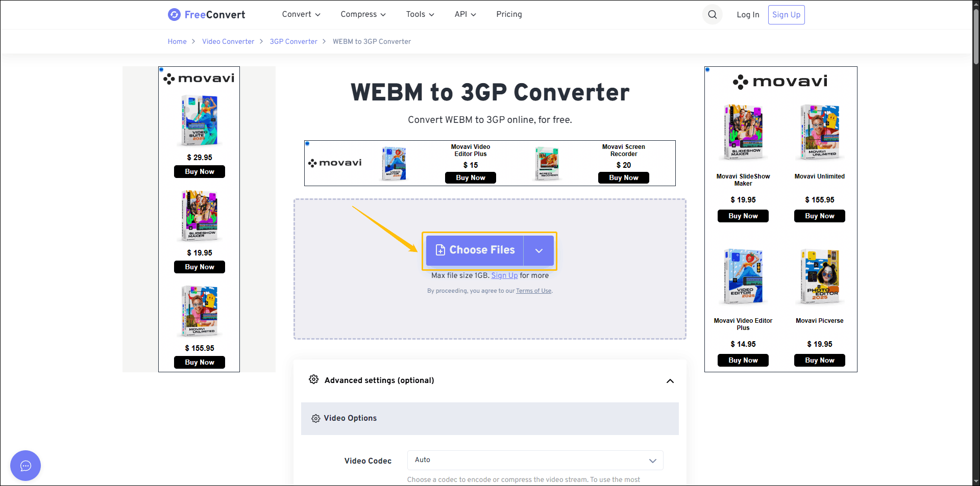 FreeConvert interface with the Choose Files button highlighted