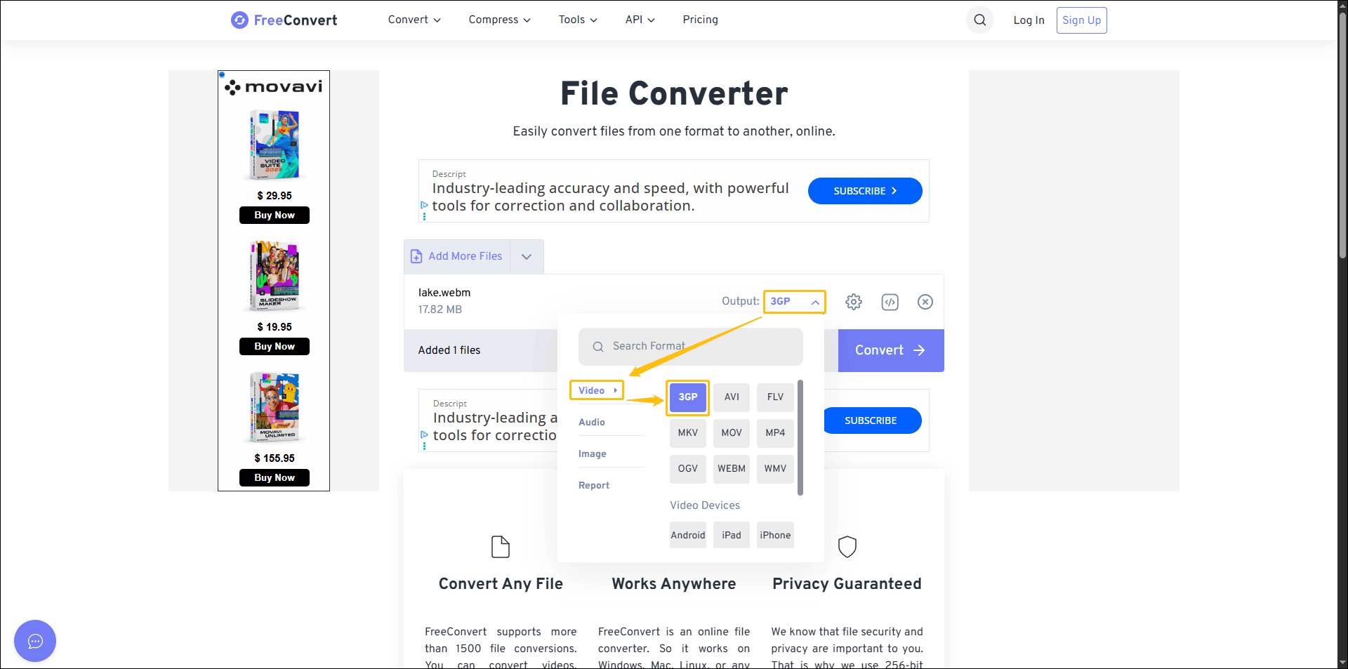 FreeConvert interface showing how to choose the output format