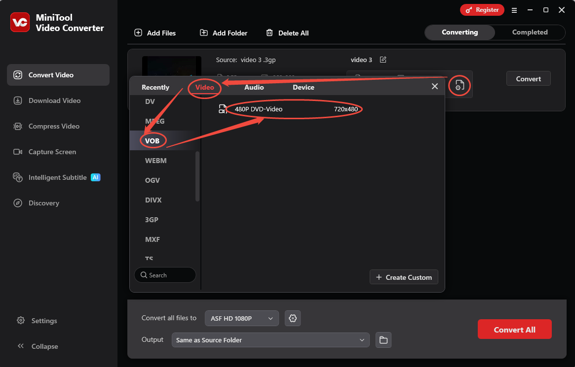 Choose VOB in the output format window of MiniTool Video Converter as the converted format