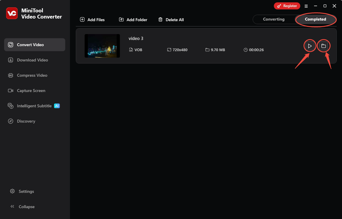Click the Play icon or the Folder icon under the Completed module of MiniTool Video Converter to check or locate the converted video