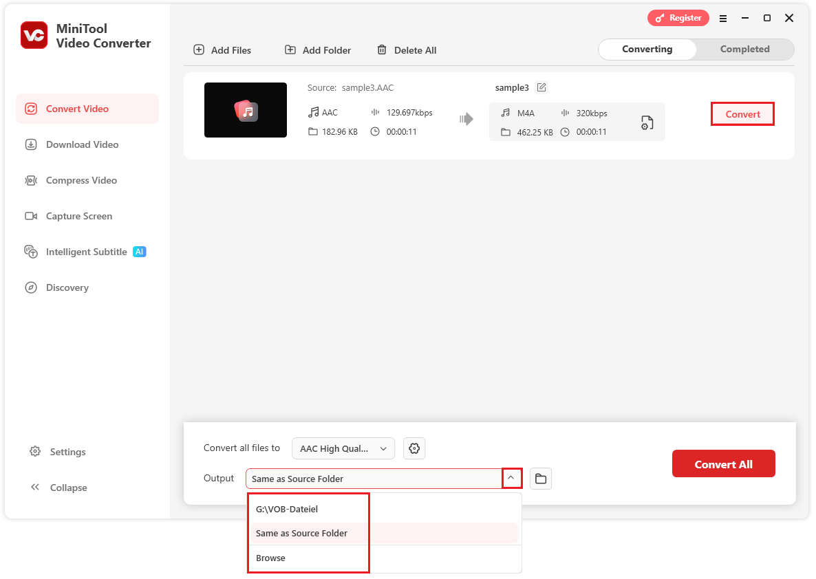 Speicherort im Ausgabe-Menü ändern und Konvertierung mit der Schaltfläche „Konvertieren“ starten