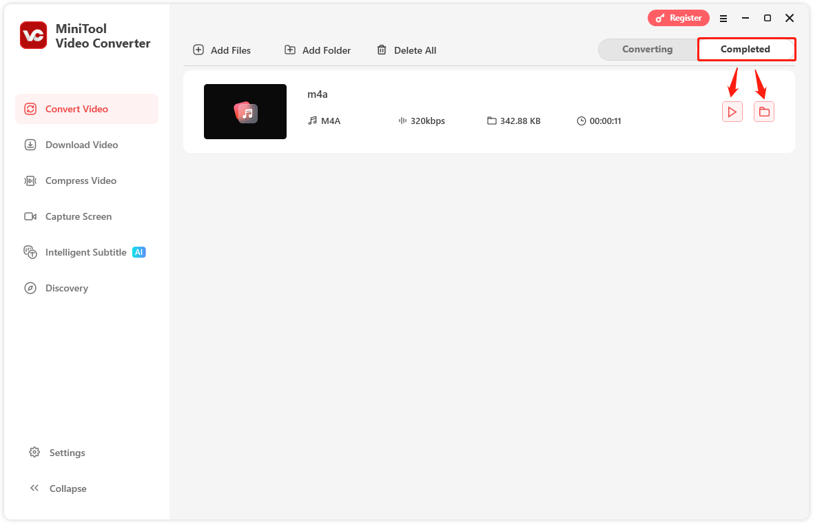 konvertierte Datei unter „Abgeschlossen“ wiedergeben oder den Speicherort öffnen