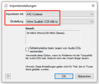 in iTunes Option „Importieren mit“ erweitern und „AAC-Codierer“ auswählen