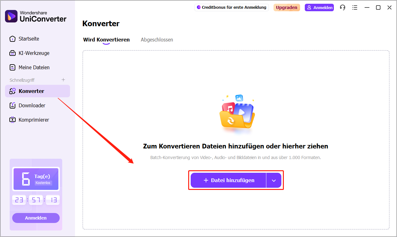 in Wondershare UniConverter auf „+ Datei hinzufügen“ klicken