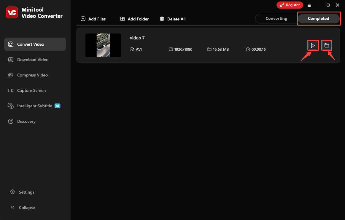 Click the Play icon or the Folder icon in MiniTool Video Converter to check or locate the converted video
