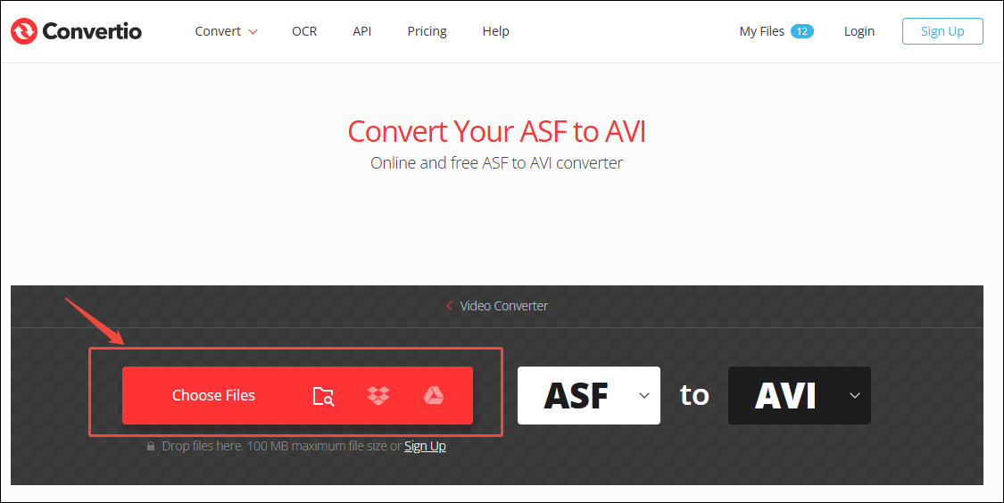 Click the Choose Files option in Convertio to upload the ASF file