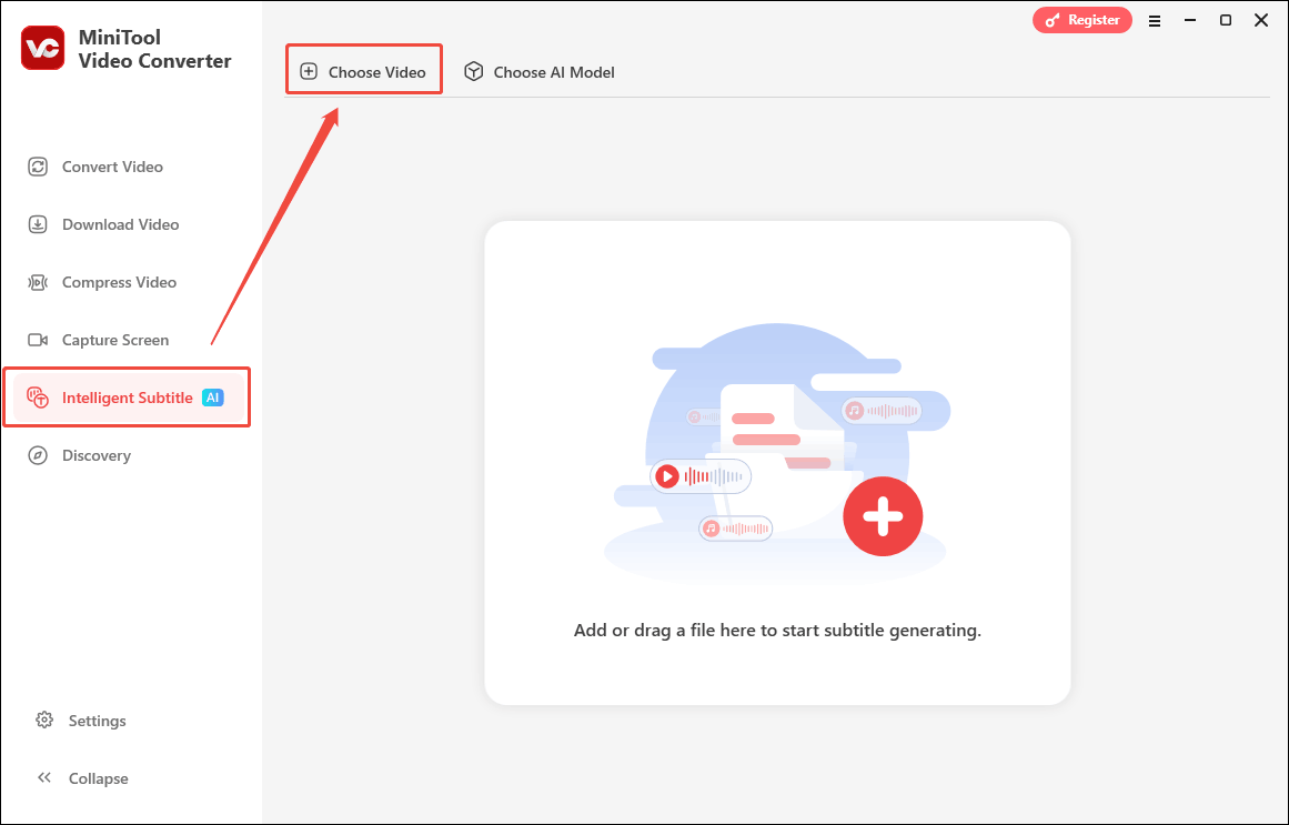 Click the Choose Video option under the Intelligent Subtitle tab of MiniTool Video Converter to open the Choose AI Model window