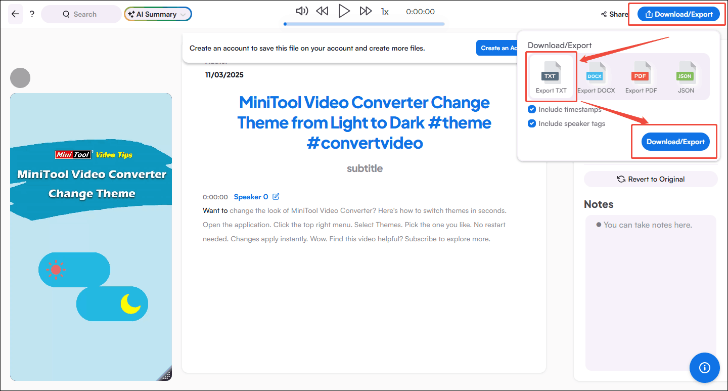 Choose the TXT format and click the Download/Export button in Maestra AI to save the converted file