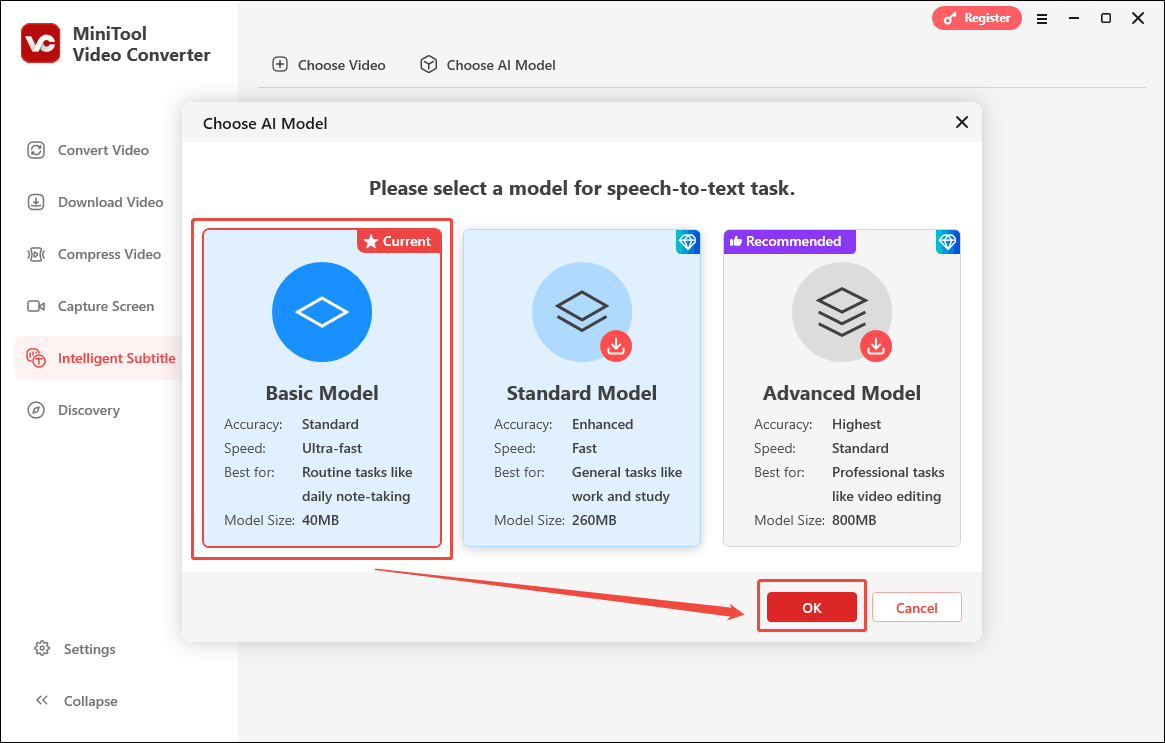 Choose Basic Model and click the OK button in the Choose AI Model window of MiniTool Video Converter to save the choice