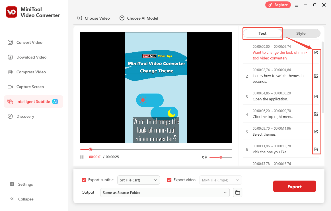 Click the Edit icon in the Text module of MiniTool Video Converter to edit the captions