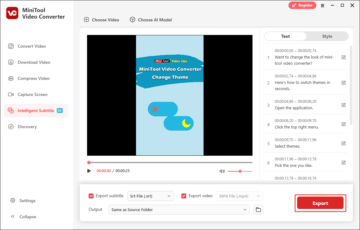 Click the Export button under the Intelligent Subtitle tab of MiniTool Video Converter to start the export process