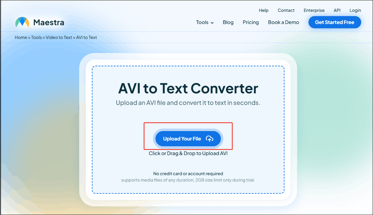 Click the Upload Your File option in Maestra AI to import the AVI video