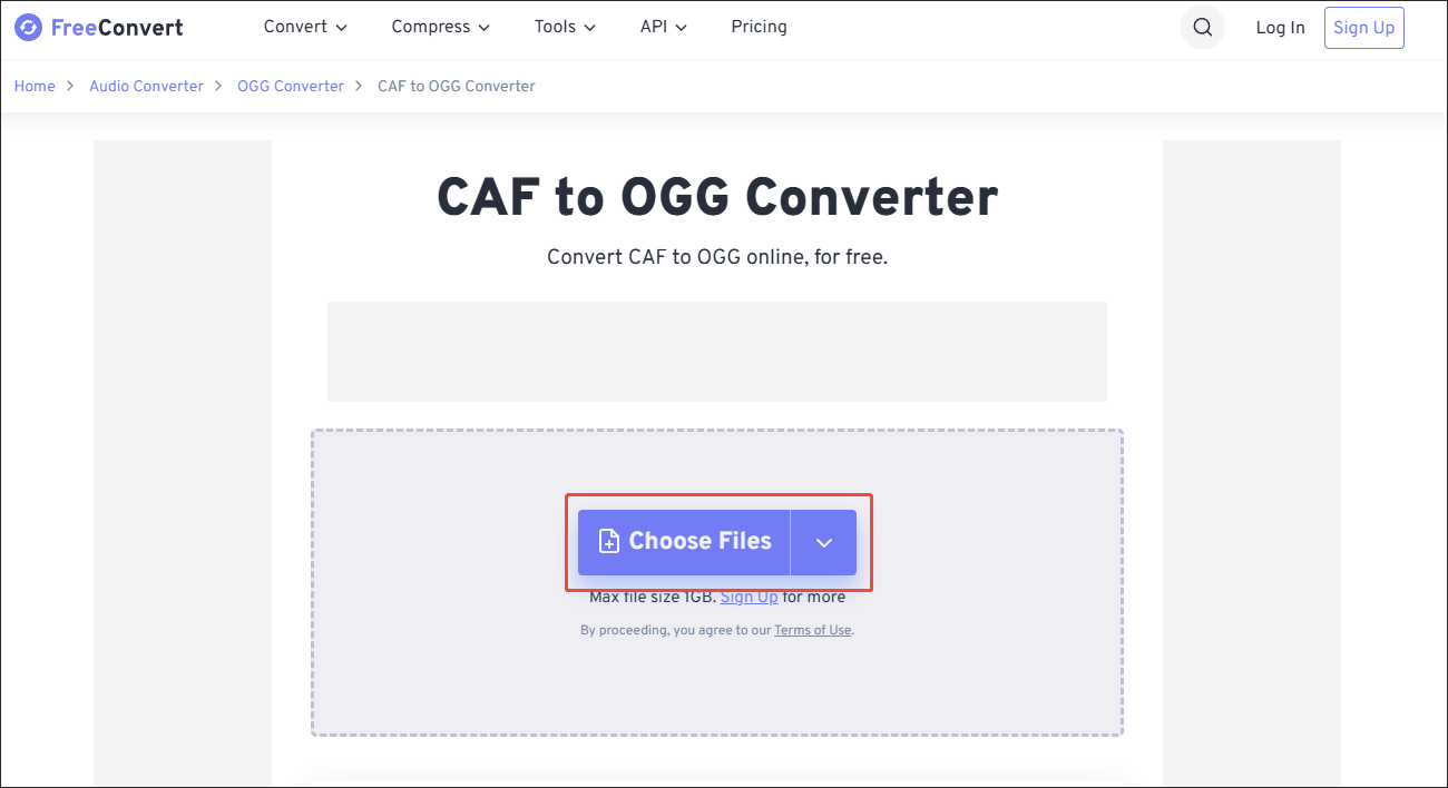 Click on Choose Files in FreeConvert to import the CAF file
