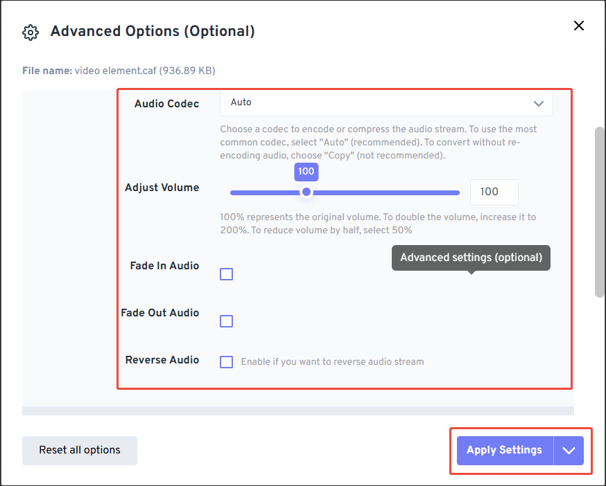 The Advanced Options window of FreeConvert