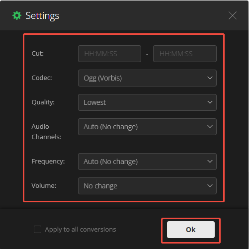 The Settings window of Convertio