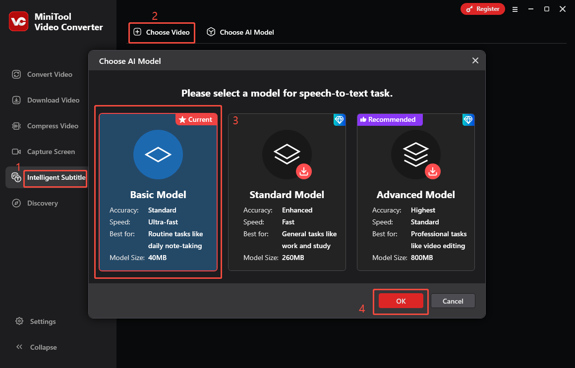 Select the AI model and click on the OK button in MiniTool Video Converter to download the model