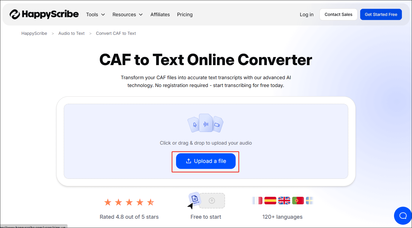 Click on Upload a file in HappyScribe to import the CAF file