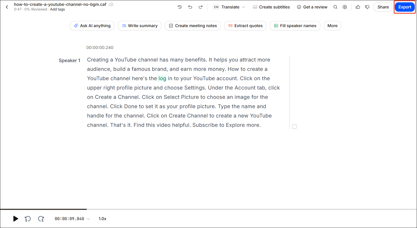 Click on the Export option in HappyScribe to enter the Export window