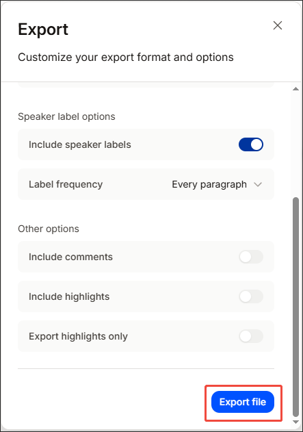 Click on the Export file option in HappyScibe to begin the transcription process