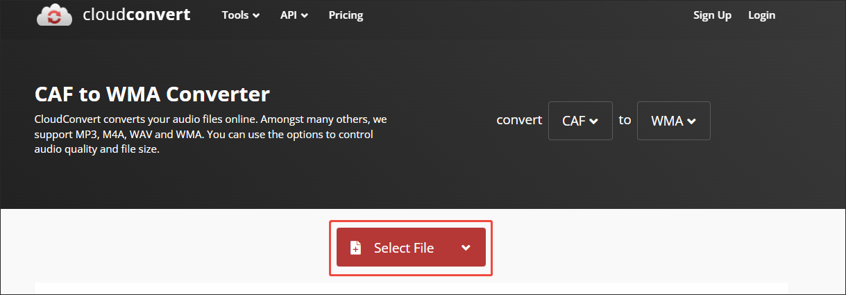 Click on Select File in CloudConvert to import the CAF audio
