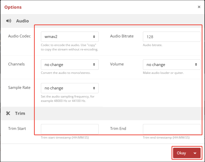 The Options window of CloudConvert