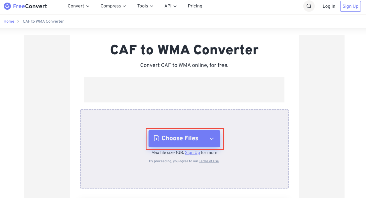Click on the Choose Files in FreeConvert to import the CAF file