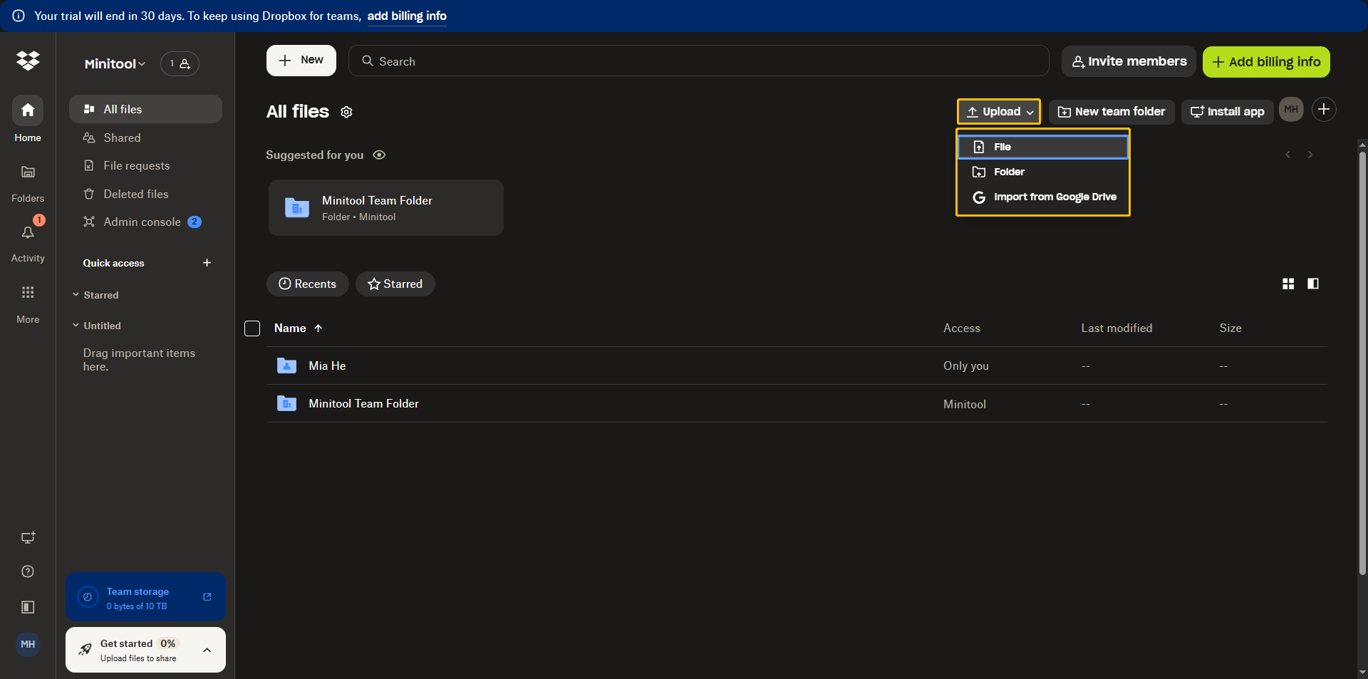 Dropbox web interface with the Upload option selected.