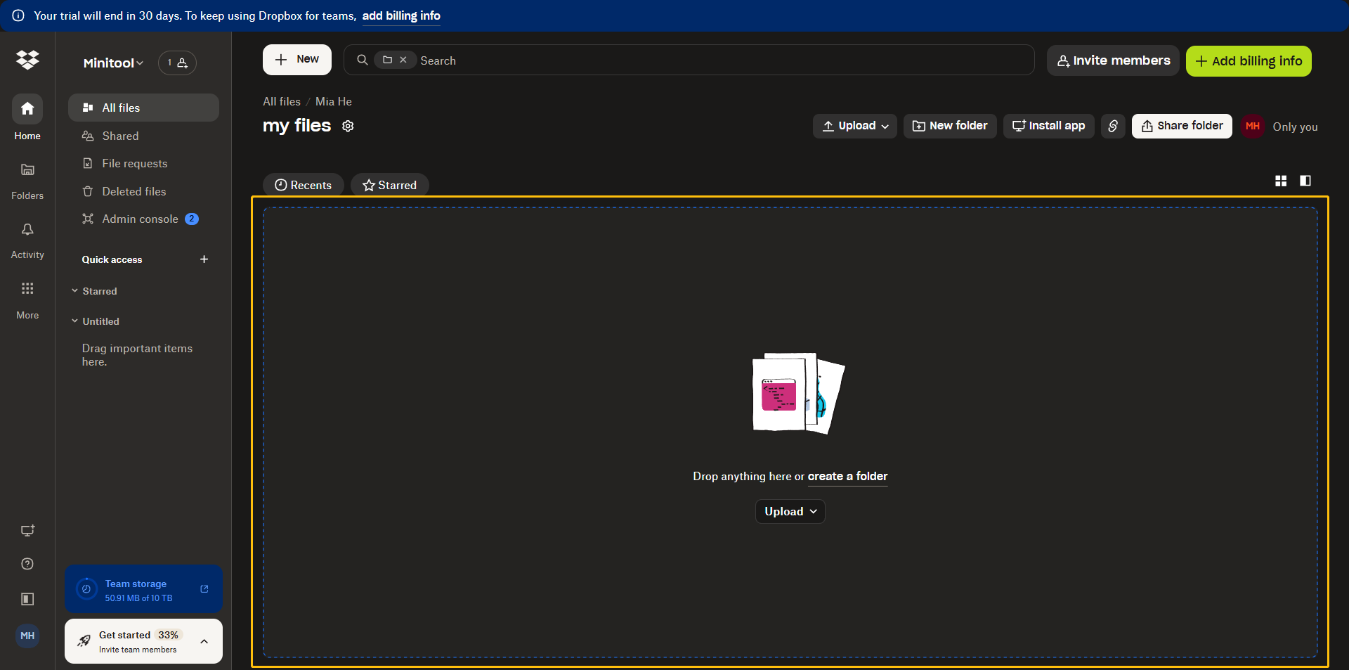 Dropbox web interface showing the dashed box with the text drop anything here or create a folder.