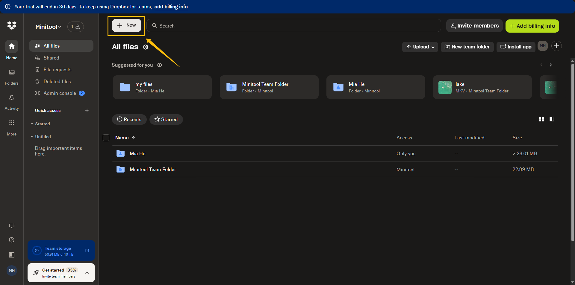 Dropbox web interface with the New button highlighted.