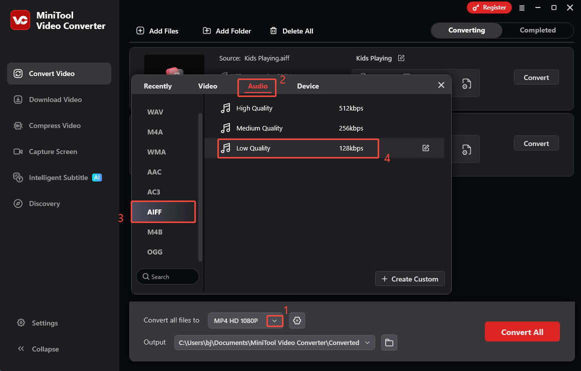 Expand the Convert all files to option in MiniTool Video Converter and choose AIFF Low Quality as the output format